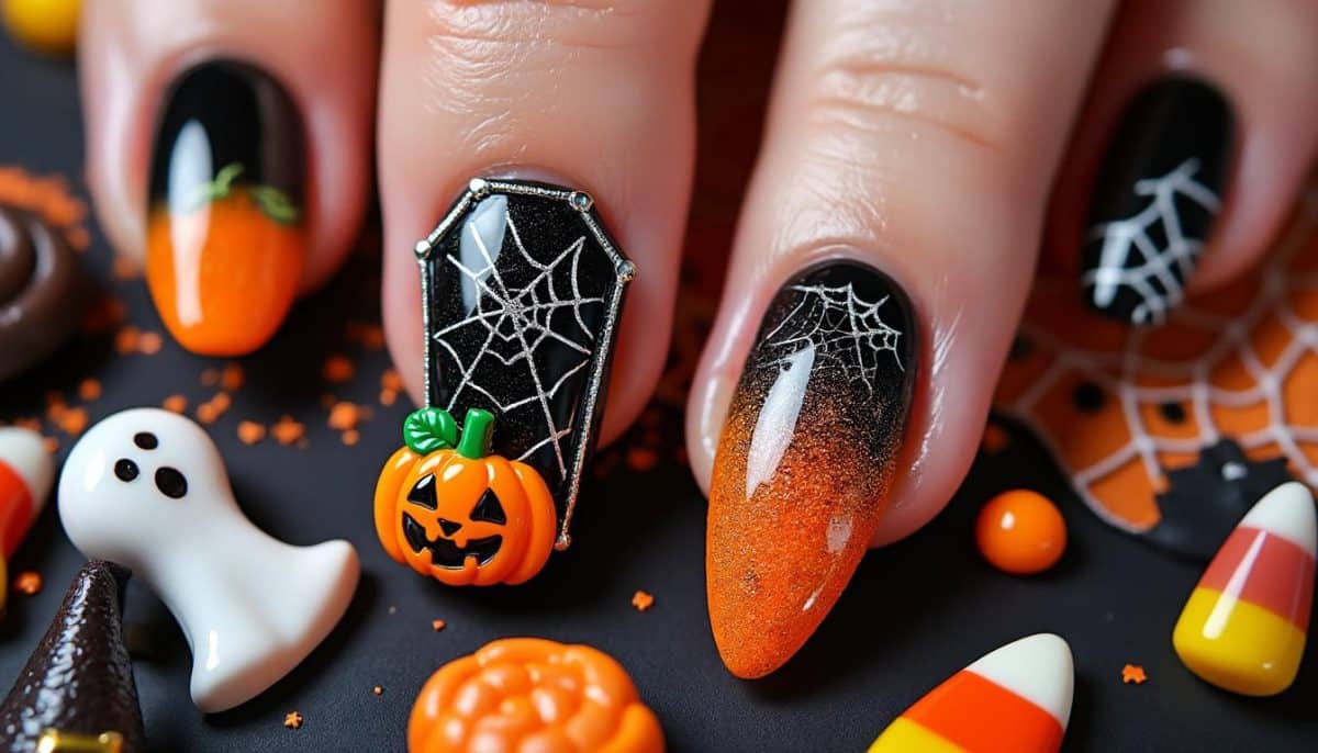 Spooky Chic: π Pumpkin & Web Nail Art for Halloween πΈοΈ